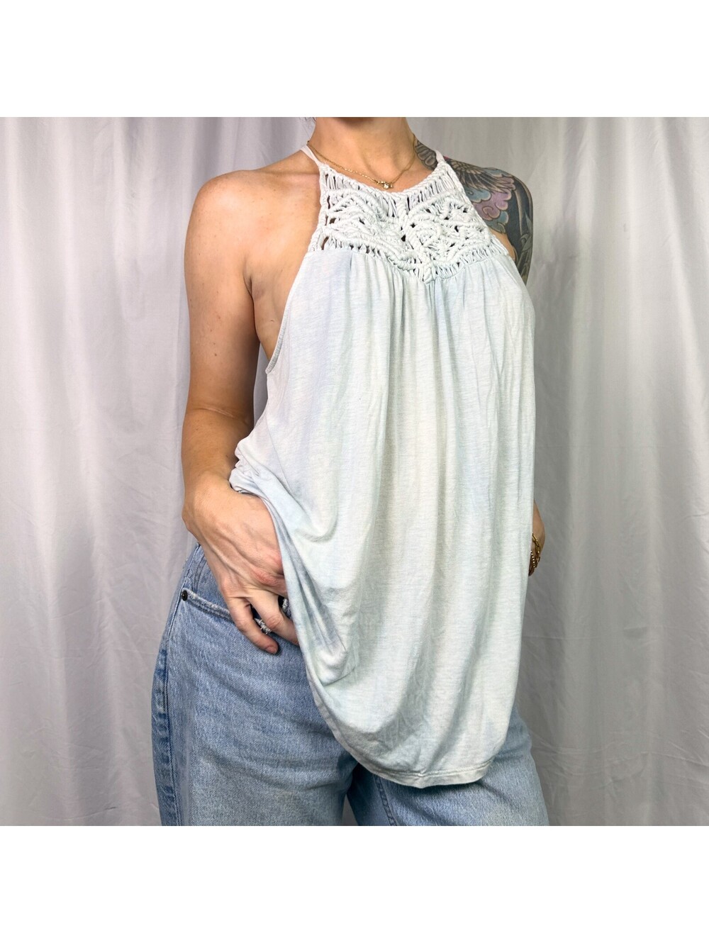 American Eagle Soft & Sexy Crochet Halter Tank Top Blue XL Boho